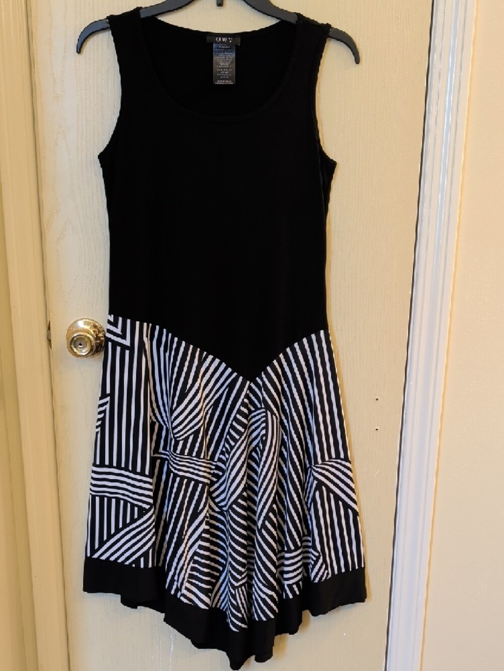 Black Tank Dress with Black & White Striped Asymmetrical Skirt Size S Petite
